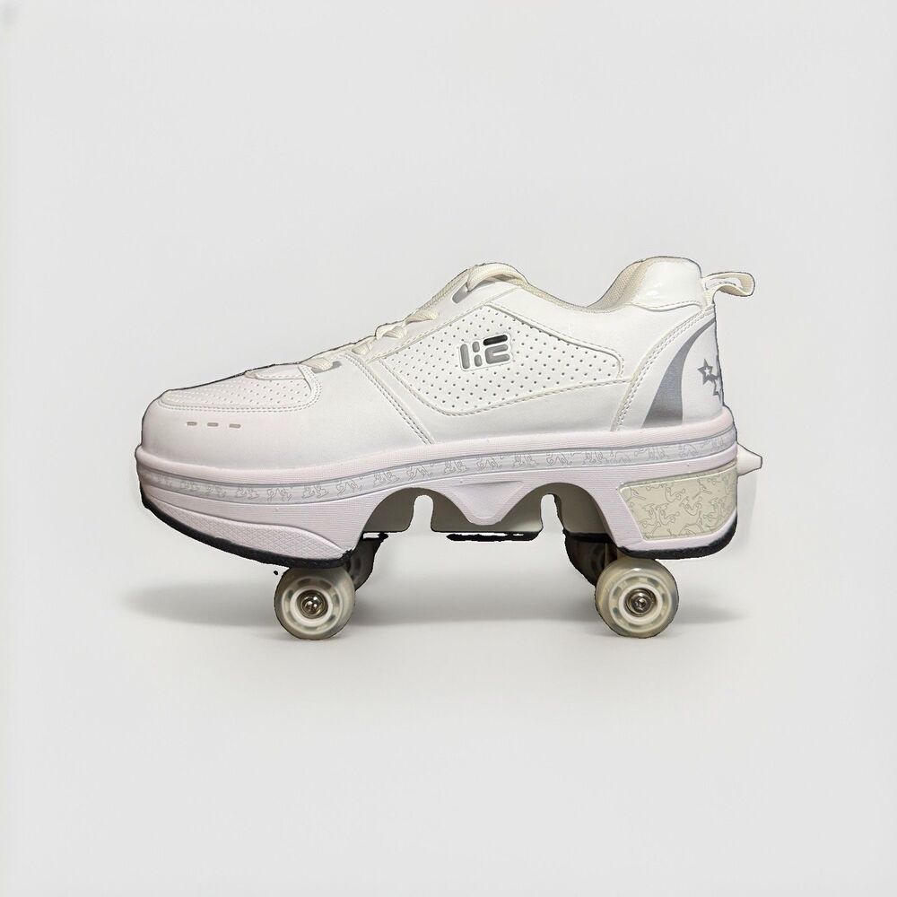 2-in-1 Retractable Roller Skate Shoes White Gray Sz 9 28cm Unisex Sneakers Eu 42
